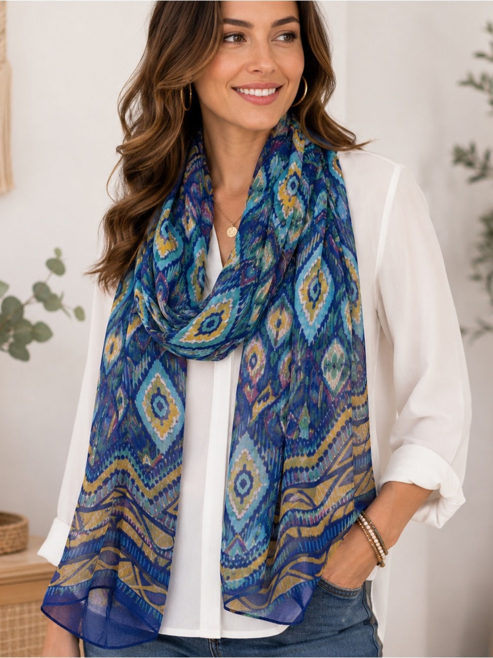 Blue Green Peacock Print Bohemian Lightweight Sheer Scarf Wrap Shawl OS